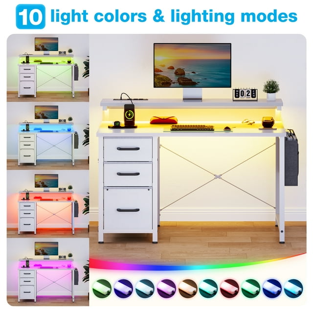 40 inch Computer Desk with Power Outlets & LED Lights, Home Office Desk with 3 Drawers & Adjustable Monitor Shelf, Writing Desk with Storage Bag, White