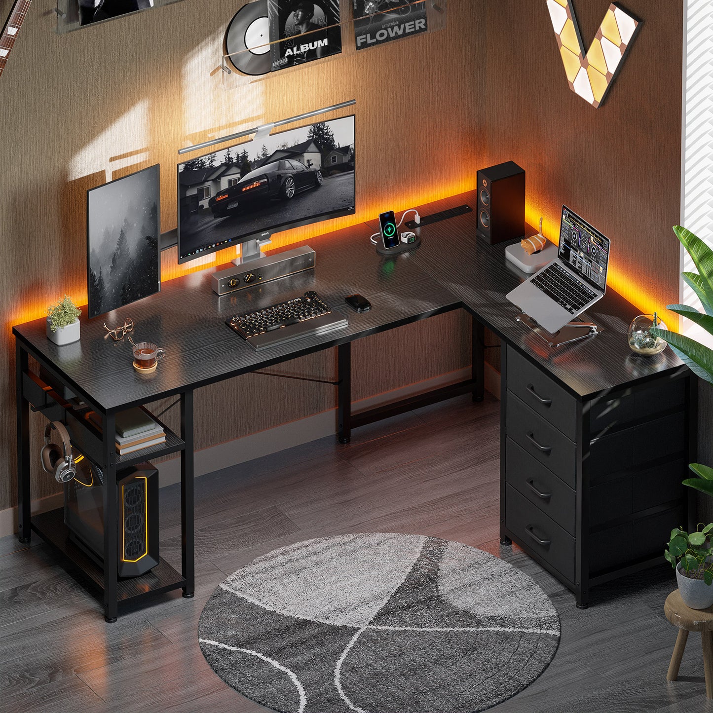 Sofanext Reversible Modern Simple Style L Shaped Desk with Charging Station and Drawers, Pure Black