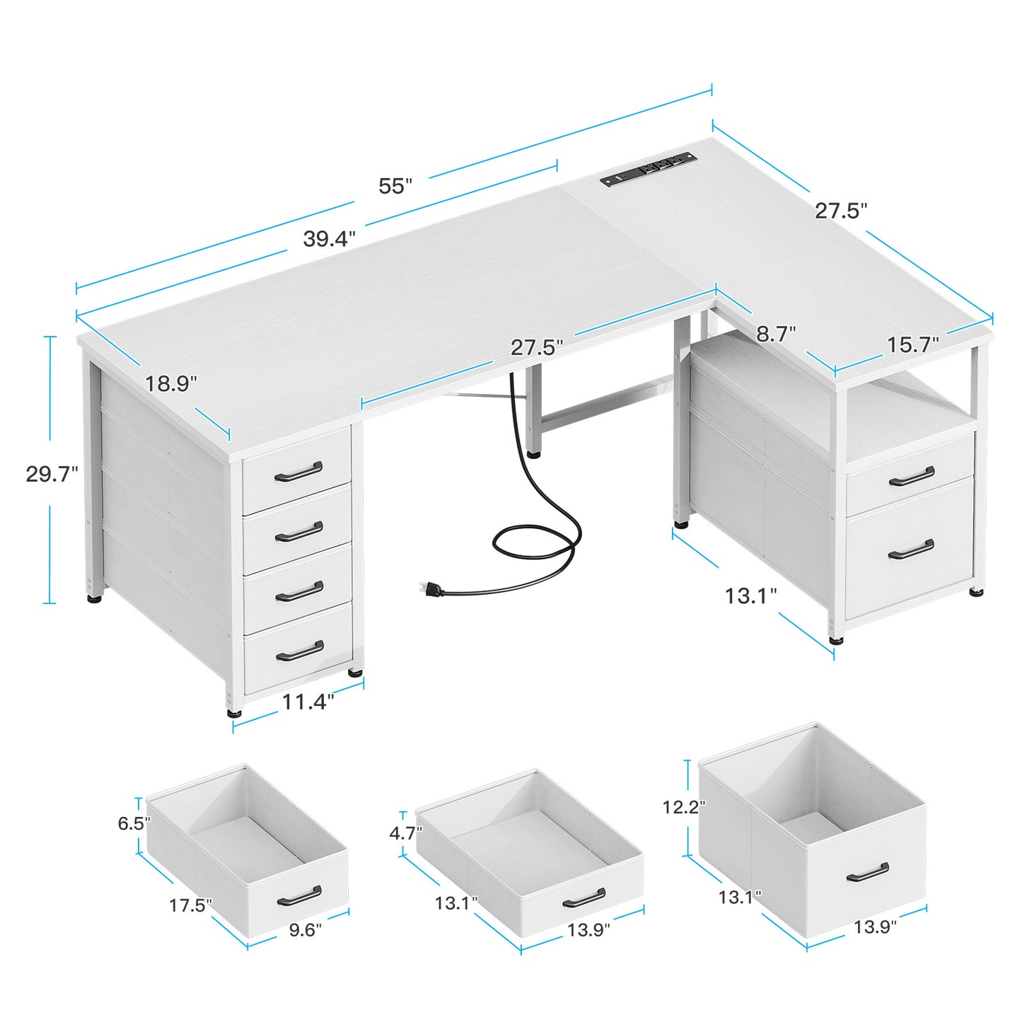Sofanext 55 inch Computer Desk with 5 Drawers and File Cabinet for Storage, Office Desk with Storage Shelf & Power Outlets, Home Office Desks, White