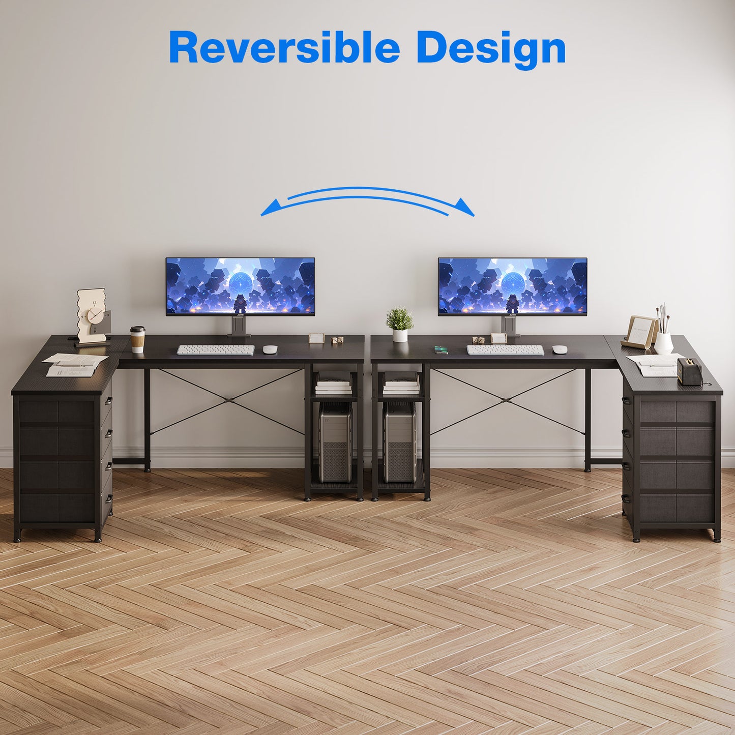 Sofanext Reversible Modern Simple Style L Shaped Desk with Charging Station and Drawers, Pure Black