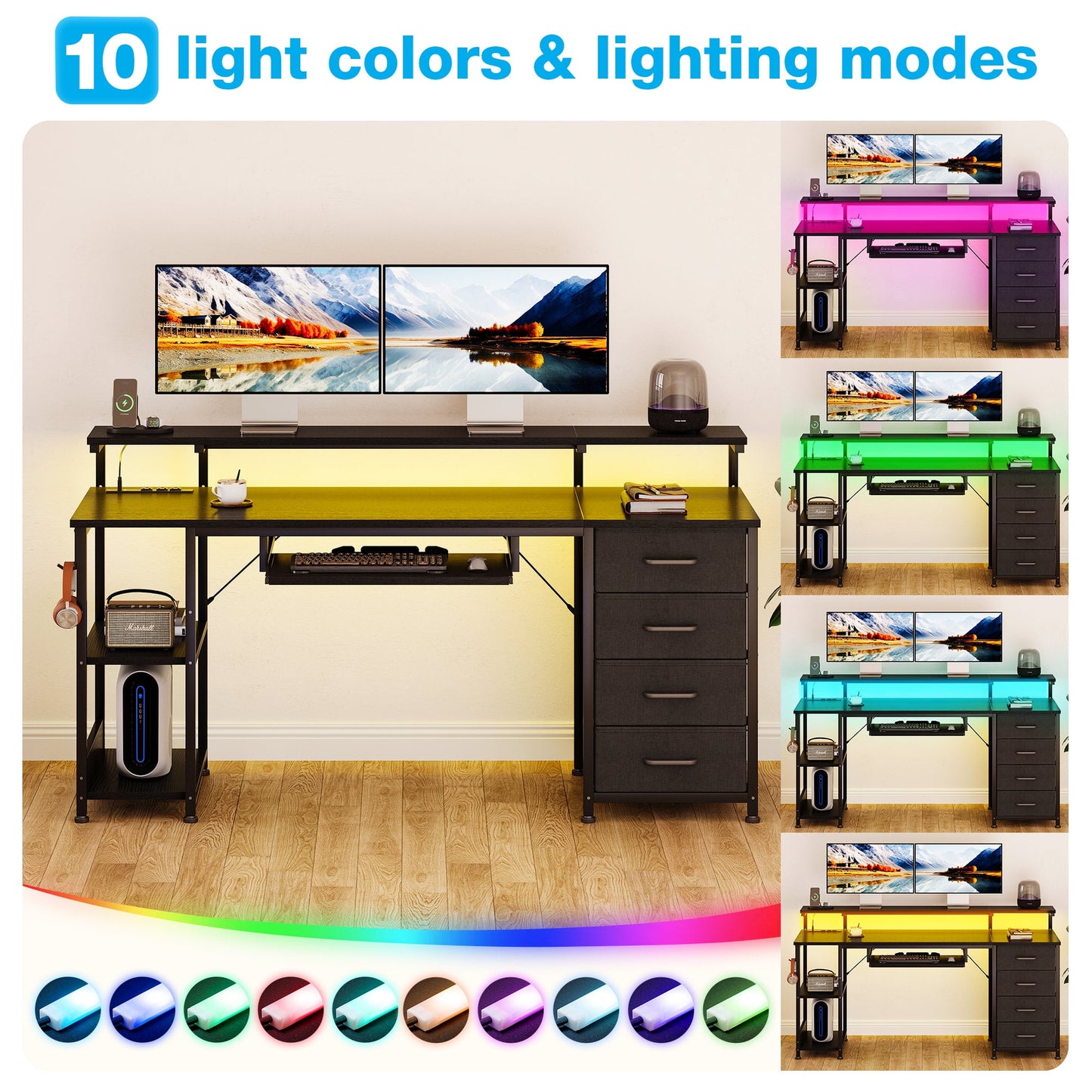63 Inch Office Desk with Power Outlet and Adjustable Monitor Stand, Computer Desk with Fabric Drawer and Keyboard Tray, Gaming Desk with LED Light & PC Stand, Table for Bedroom with USB Ports, Black
