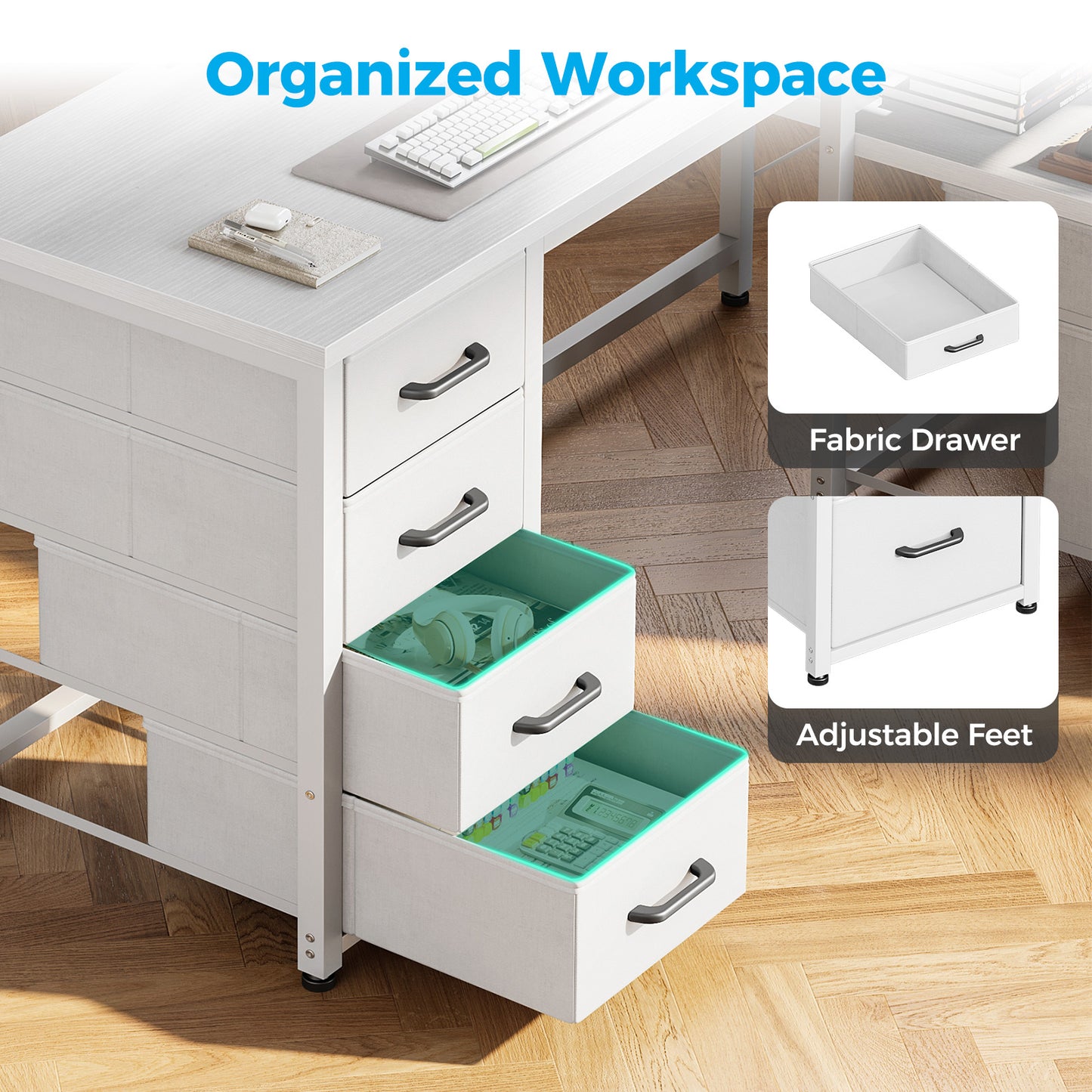 Sofanext 55 inch Computer Desk with 5 Drawers and File Cabinet for Storage, Office Desk with Storage Shelf & Power Outlets, Home Office Desks, White