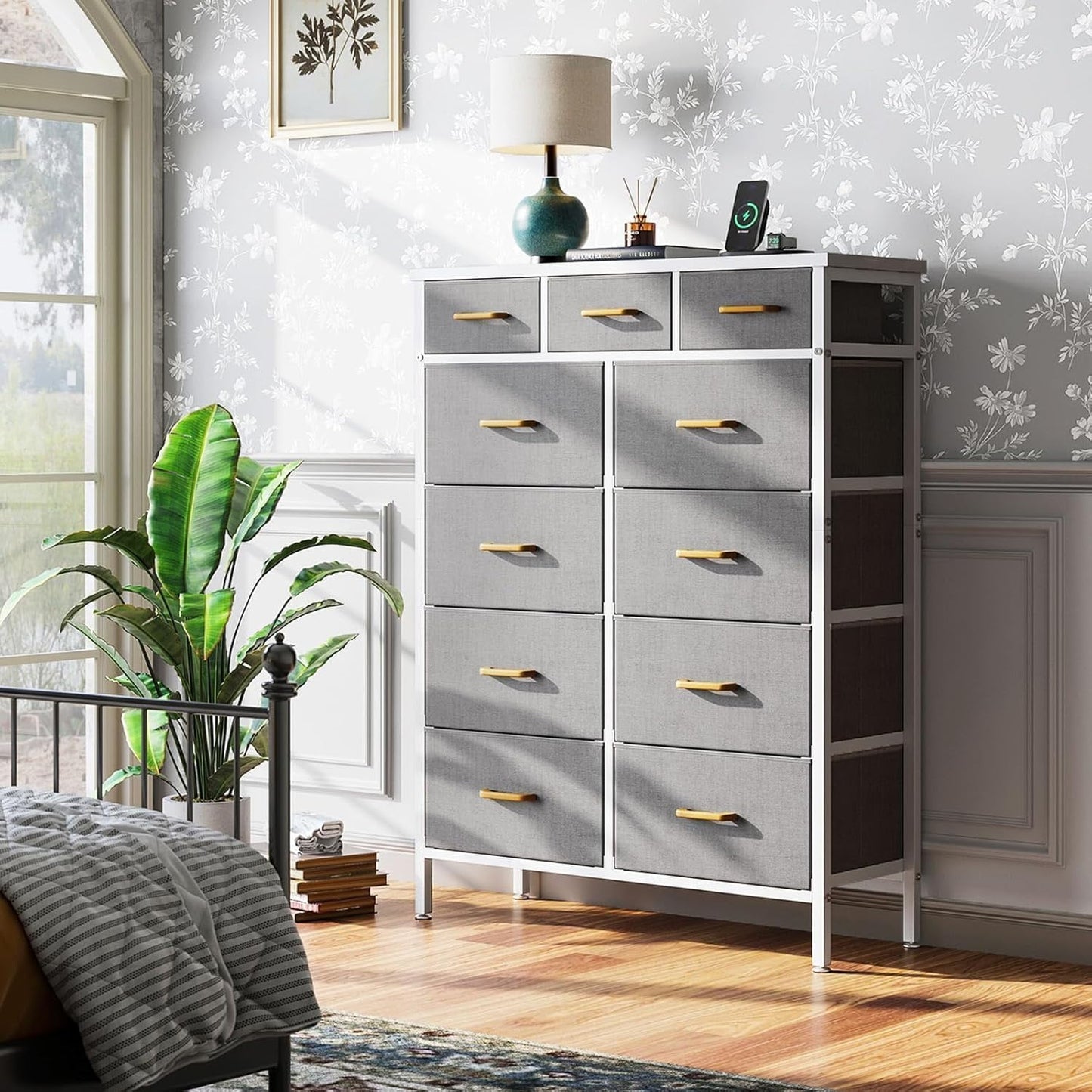 52 inch Tall Dresser with Charging Station for Bedroom with 11 Storage Drawers, Large Fabric Dressers for Hallway, Light Grey