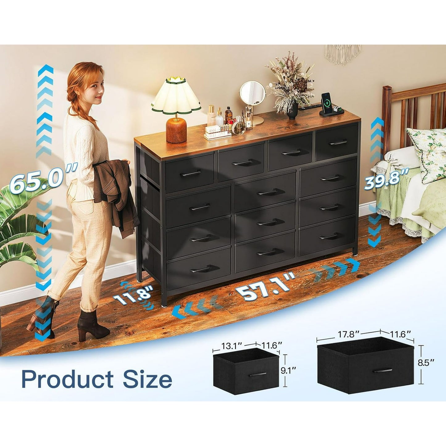 Sofanext 57 inch Large Dresser for Bedroom with Charging Station & 13 Fabric Storage Drawers, Black and Vintage