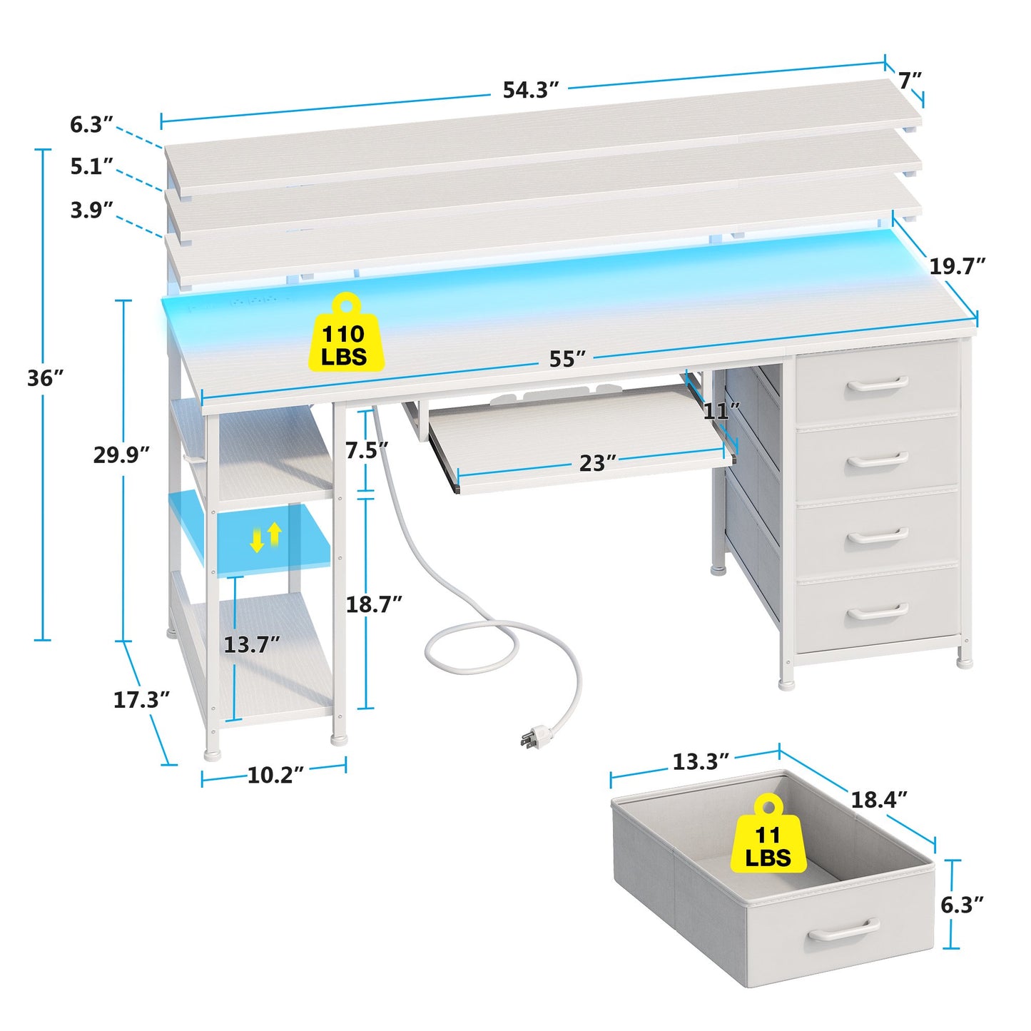 55 Inch Office Desk with Power Outlet and Adjustable Monitor Stand, Computer Desk with Fabric Drawer and Keyboard Tray, Gaming Desk with LED Light & PC Stand, Table for Bedroom with USB Ports, White