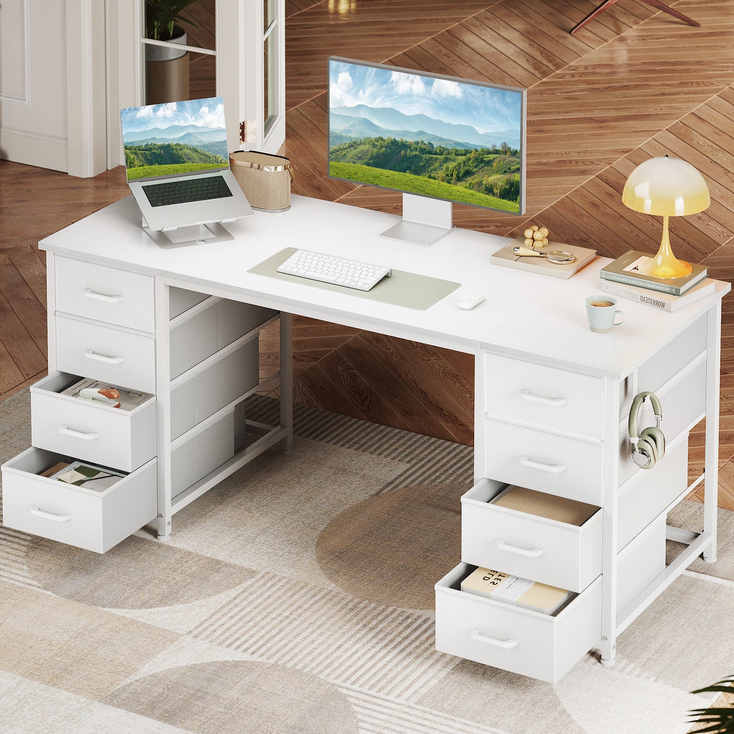 White Computer Desk with Drawers for Storage - 55 inch Home Office Desk with 8 Fabric Drawers, Writing Study Desk with Drawers on Both Sides for Bedroom