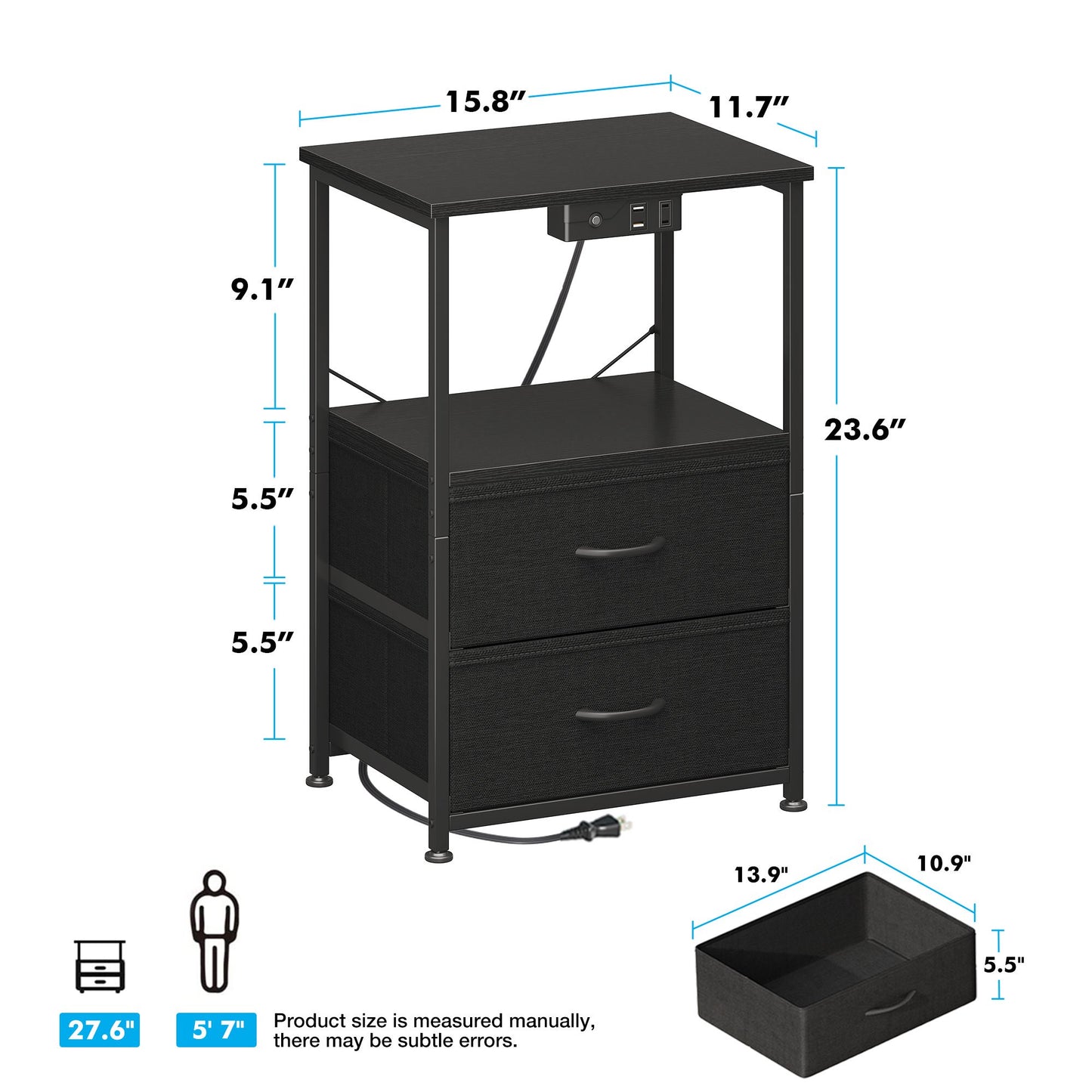 Sofanext Night Stand Set 2, LED Light Nightstand with Fabric Drawers, Bedside Tables with Charging Station, End Table with Open Shelf, Small Nightstand for Bedroom, Black