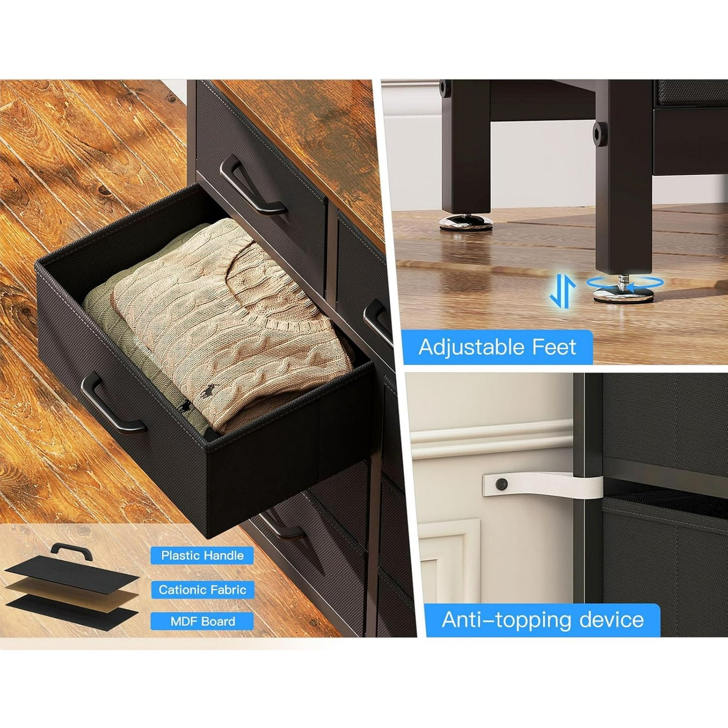 Sofanext 57 inch Large Dresser for Bedroom with Charging Station & 13 Fabric Storage Drawers, Black and Vintage