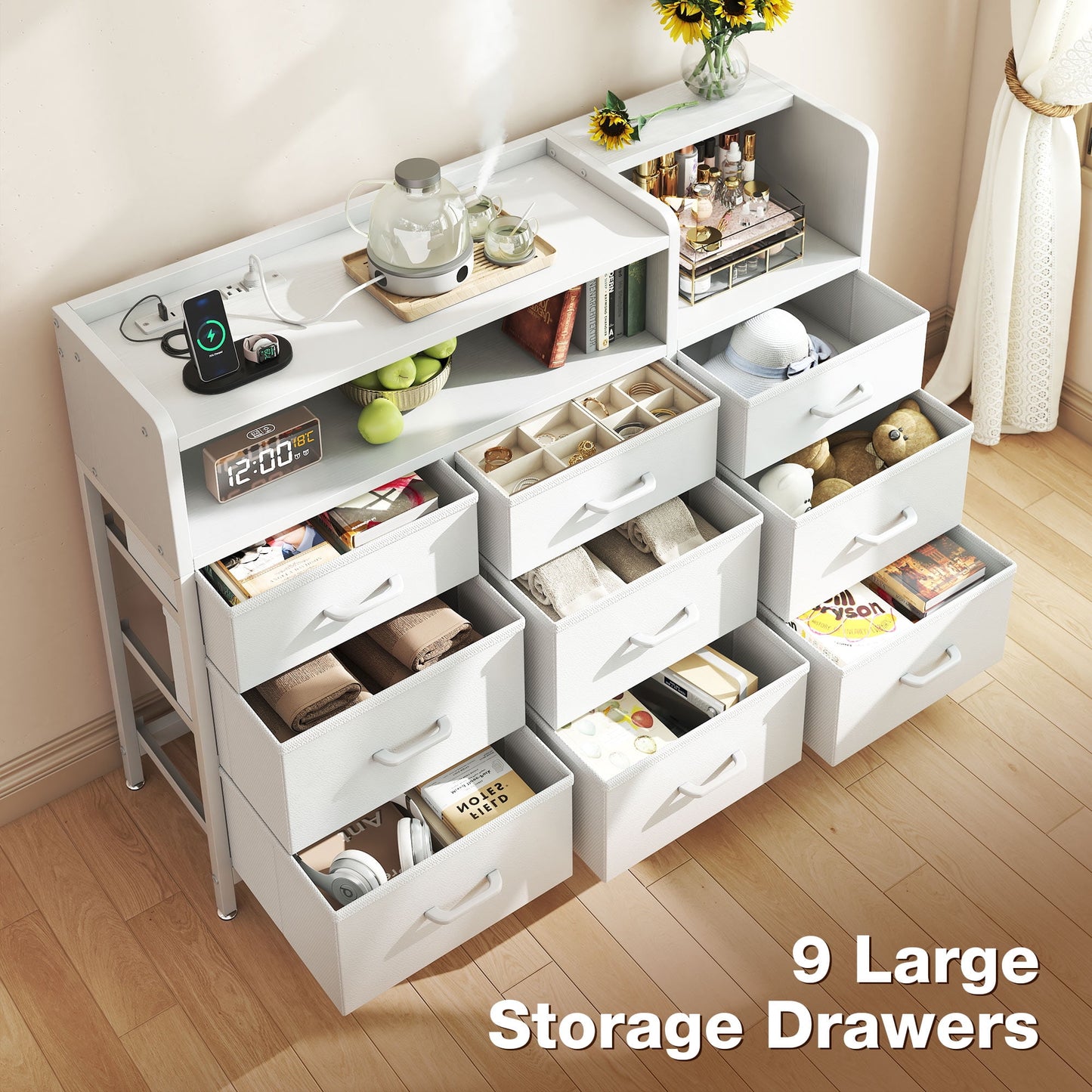 Dresser with LED Lights and Charging Station, 52-Inch Long Dresser for Bedoom with 9 Large Storage Drawers, Fabric Dresser TV Stand with Open Shelves, White