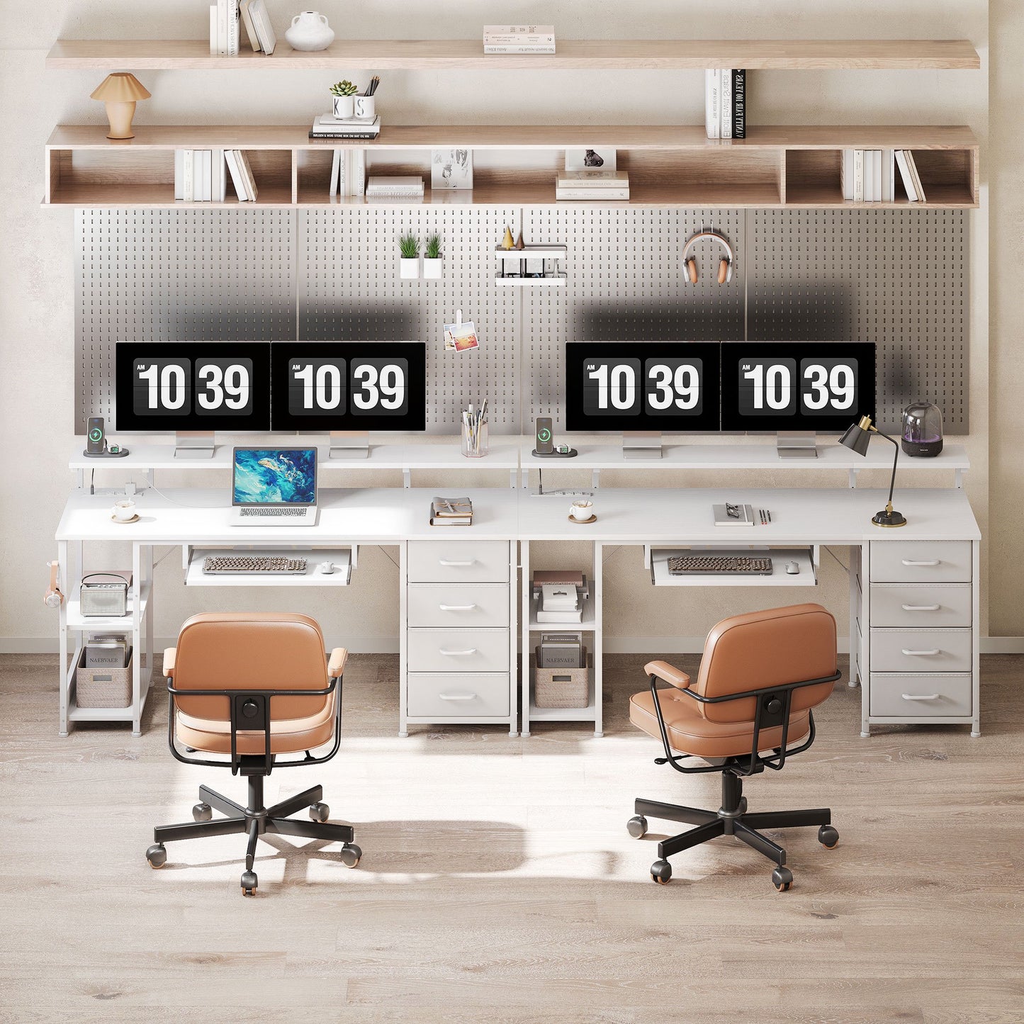 55 Inch Office Desk with Power Outlet and Adjustable Monitor Stand, Computer Desk with Fabric Drawer and Keyboard Tray, Gaming Desk with LED Light & PC Stand, Table for Bedroom with USB Ports, White