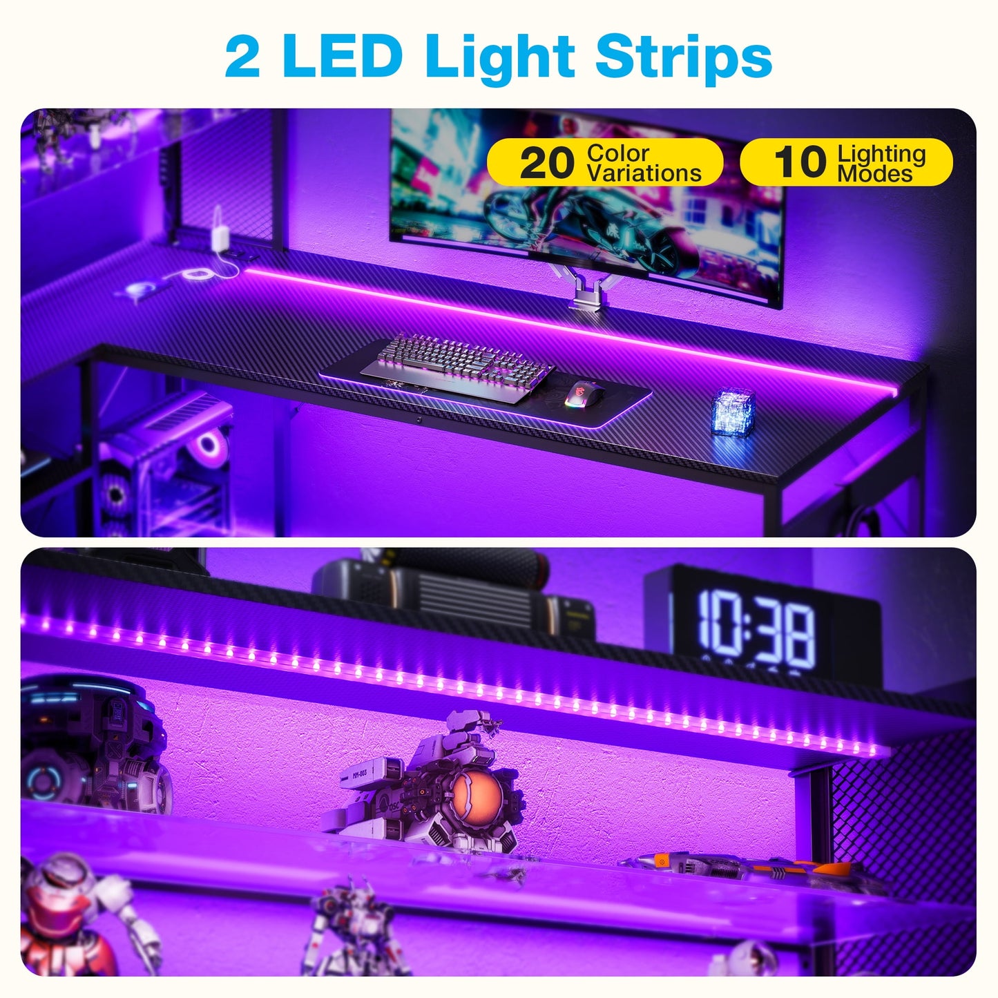 Sofanext L Shaped Gaming Desk, Reversible Computer Desk with Power Outlet, Gaming Table with LED Lights, L Shaped Desk with Glass Display Storage Shelves, Glass Gaming Desk, Black
