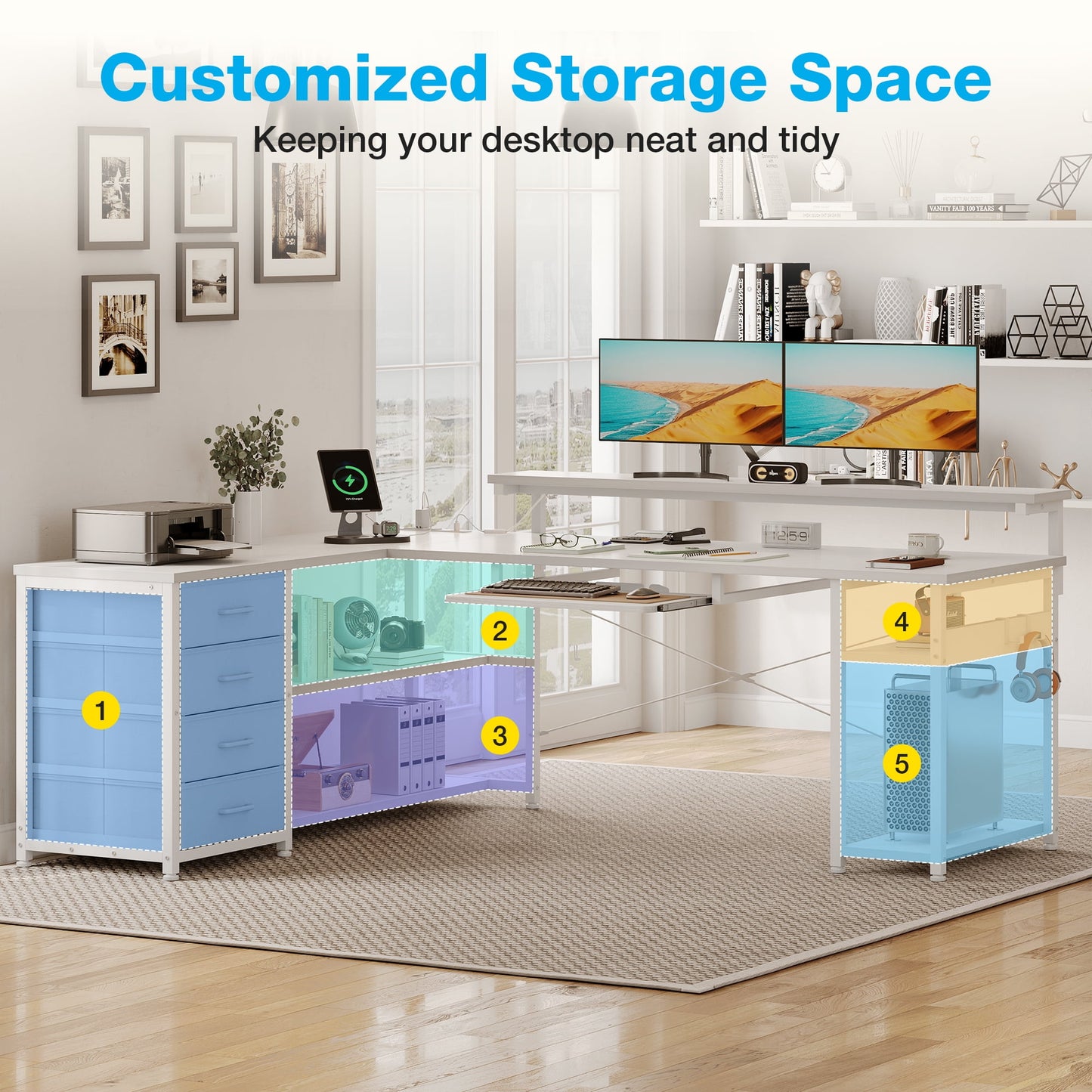 L-Shaped Computer Desk with Power Outlets, Adjustable Monitor Shelf, Storage Drawers, Keyboard Tray & LED Lights, Reversible Gaming Desk for Home Office, Pure White