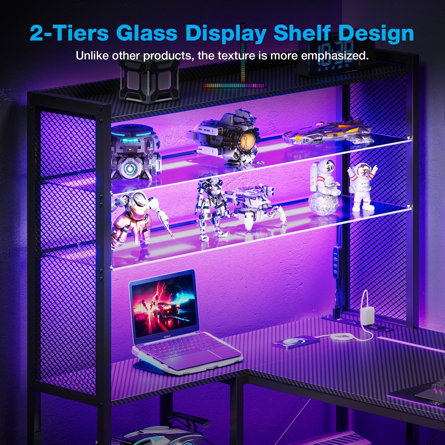 Sofanext L Shaped Gaming Desk, Reversible Computer Desk with Power Outlet, Gaming Table with LED Lights, L Shaped Desk with Glass Display Storage Shelves, Glass Gaming Desk, Black