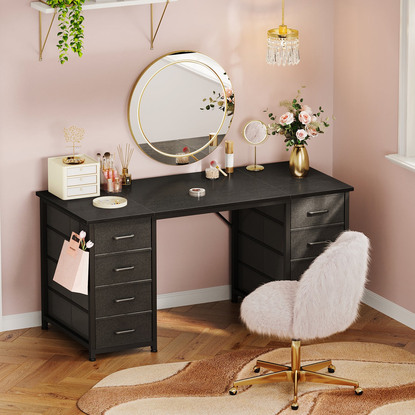 Black Computer Desk with Drawers for Storage - 48 inch Home Office Desk with 8 Fabric Drawers, Writing Study Desk with Drawers on Both Sides for Bedroom