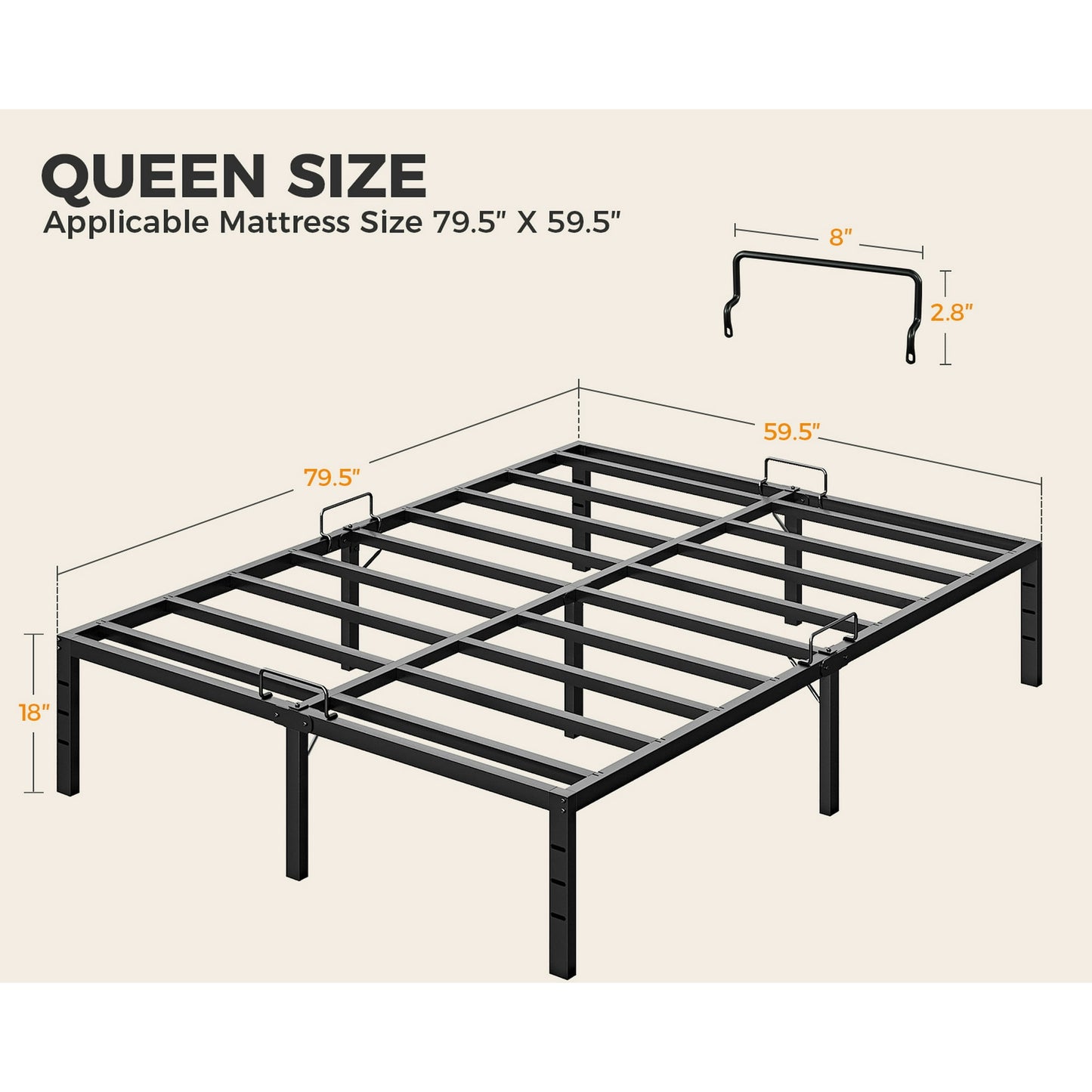Sofanext 18 inch Metal Bed Frame Queen Size, Heavy Duty Steel Platform Bed Frame with Storage Space, No Box Spring Needed, Noise Free, Black