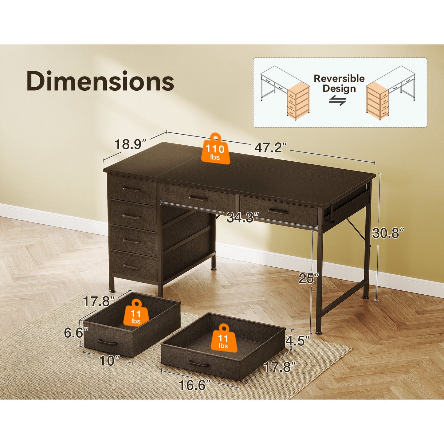 48" Home Office Desk with 6 Drawers, Modern Computer Desk with Small Space, Corner Computer Desk, Black