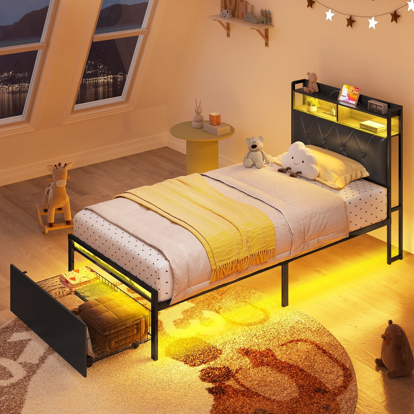 Bed Frame Twin Size with Storage Headboard and Drawer for Kids, Upholstered Platform Bed with Charging Station and LED Light, Heavy Duty Frame Support, No Box Spring Needed, Noise Free, Black