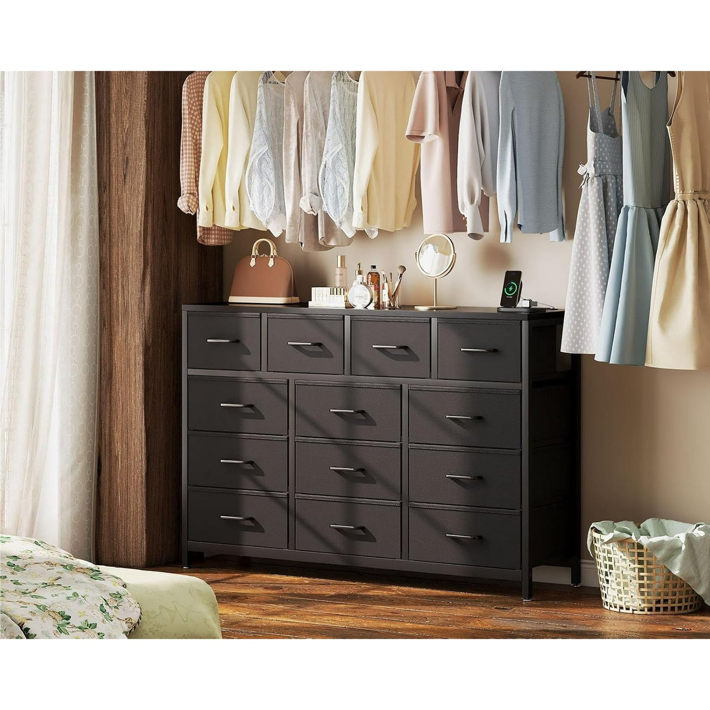 Sofanext 57 inch Large Dresser for Bedroom with Charging Station & 13 Fabric Storage Drawers, Black
