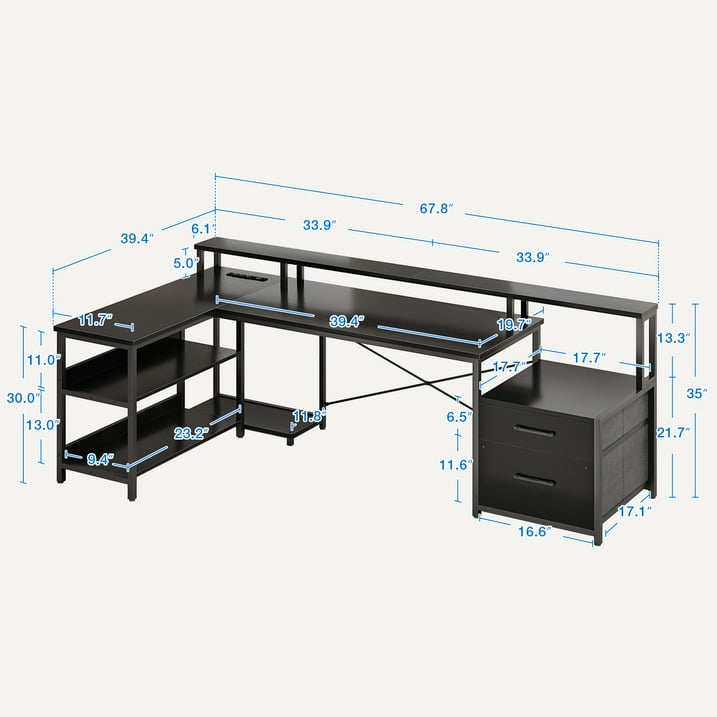66" Reversible L Shaped Desk with File Drawer & Power Outlet, Modern Computer Desk with LED Strip, Home Office Desk with Storage Shelves, Gaming Desk with Monitor Shelf, Corner Desk, Black
