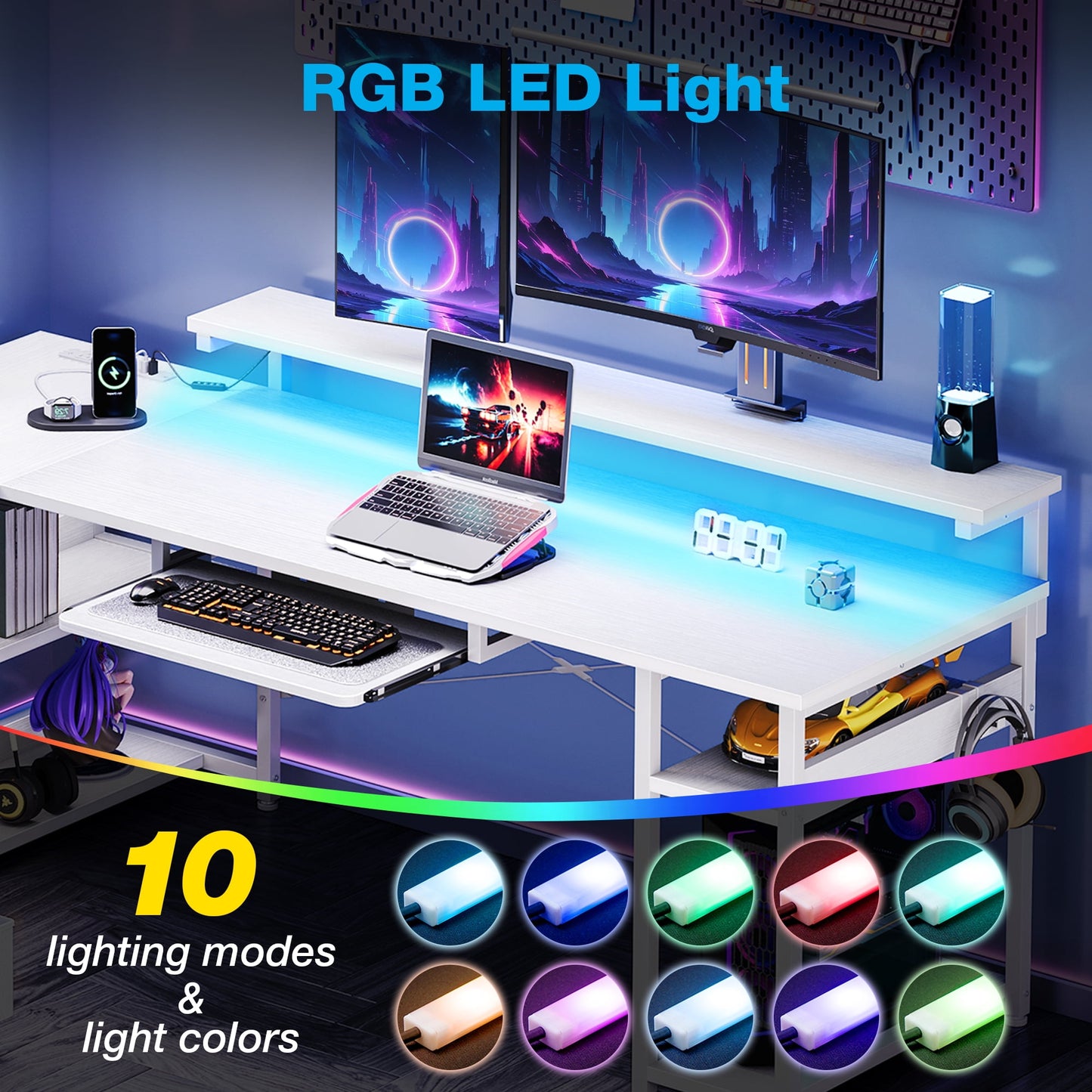 L-Shaped Computer Desk with Power Outlets, Adjustable Monitor Shelf, Storage Drawers, Keyboard Tray & LED Lights, Reversible Gaming Desk for Home Office, Pure White