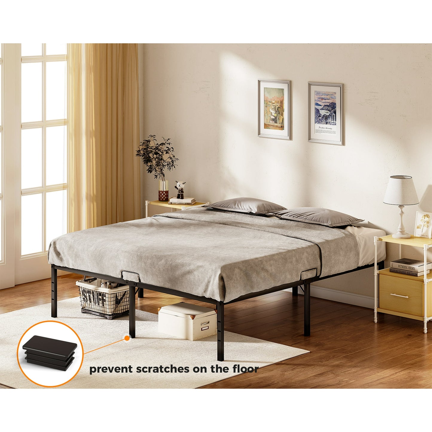Sofanext 18 inch Metal Bed Frame Queen Size, Heavy Duty Steel Platform Bed Frame with Storage Space, No Box Spring Needed, Noise Free, Black