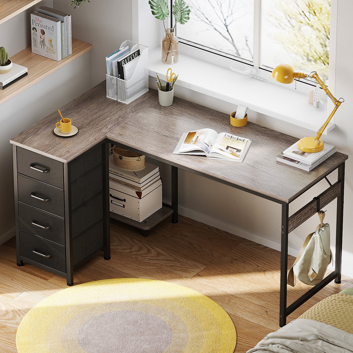 48 inch Computer Desk with 4 Fabric Drawers — Home Office Desks with Storage, Writing Desk with Side Hook, Kids Desk Study/Work Table for Bedroom and Small Space, Oak Grey