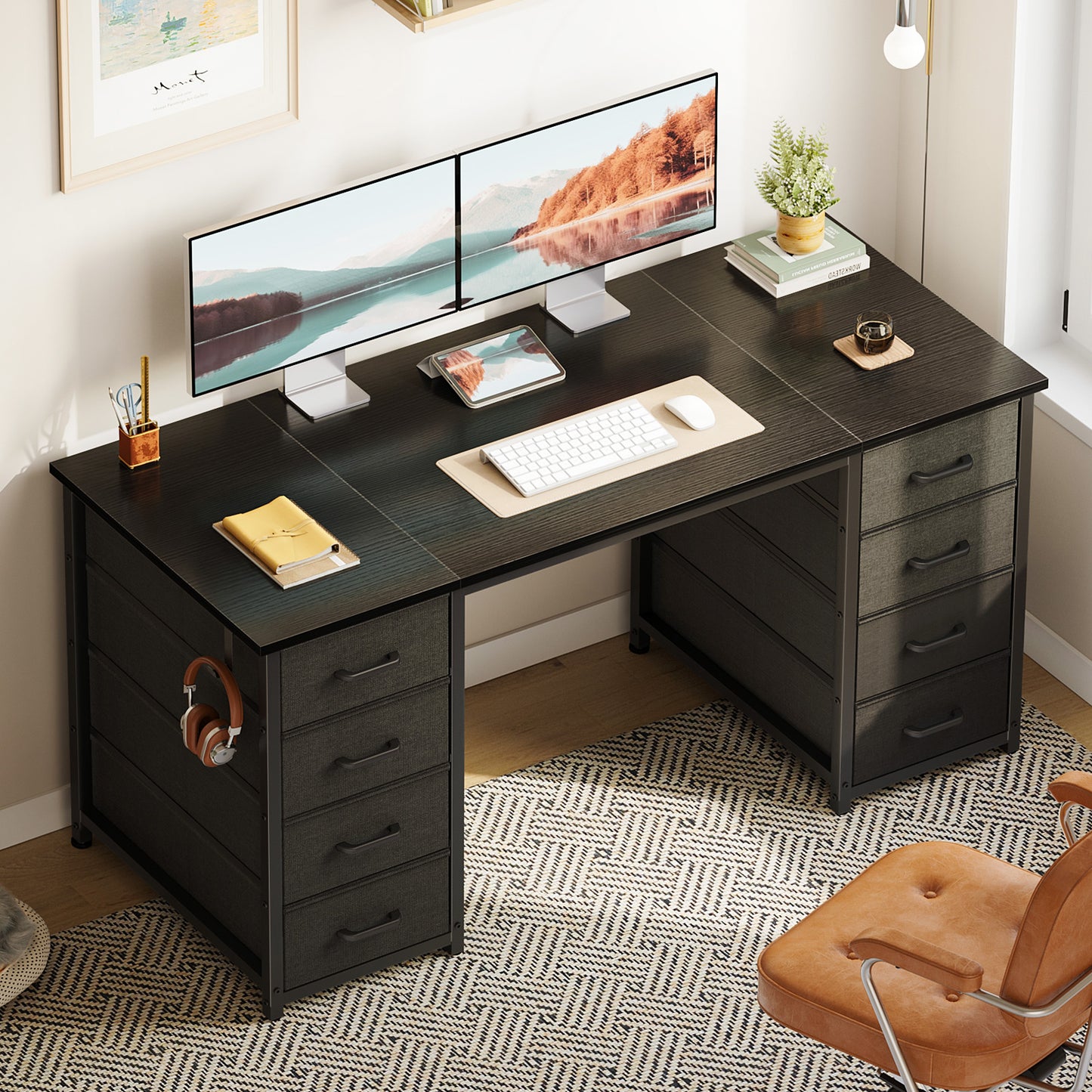 Black Computer Desk with Drawers for Storage - 48 inch Home Office Desk with 8 Fabric Drawers, Writing Study Desk with Drawers on Both Sides for Bedroom
