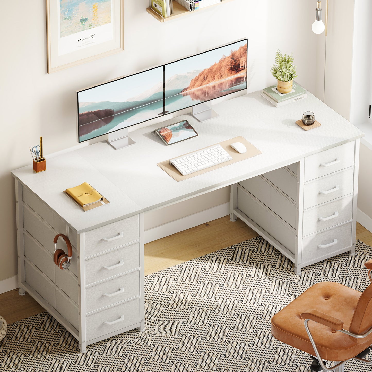 White Computer Desk with Drawers for Storage - 55 inch Home Office Desk with 8 Fabric Drawers, Writing Study Desk with Drawers on Both Sides for Bedroom
