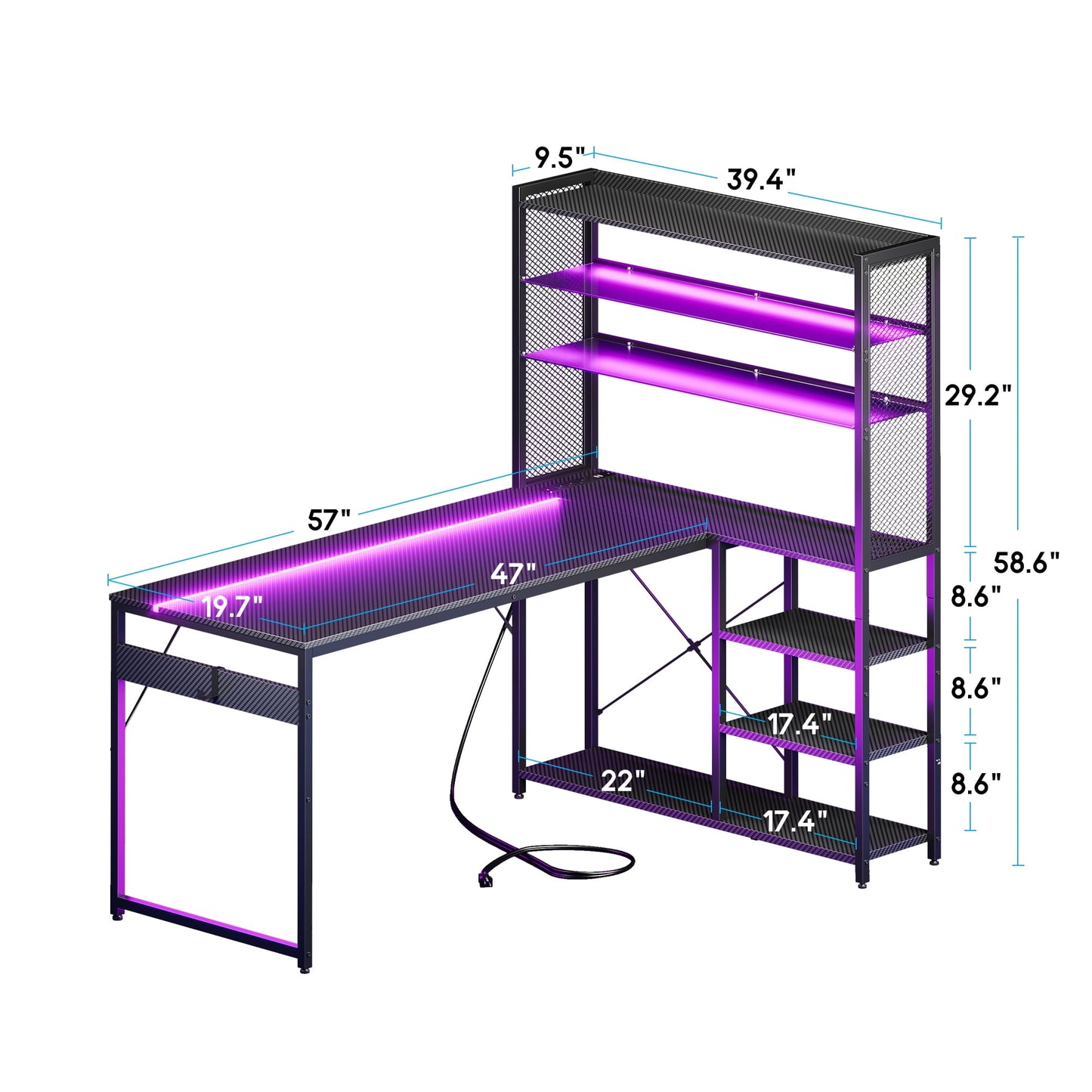Sofanext L Shaped Gaming Desk, Reversible Computer Desk with Power Outlet, Gaming Table with LED Lights, L Shaped Desk with Glass Display Storage Shelves, Glass Gaming Desk, Black
