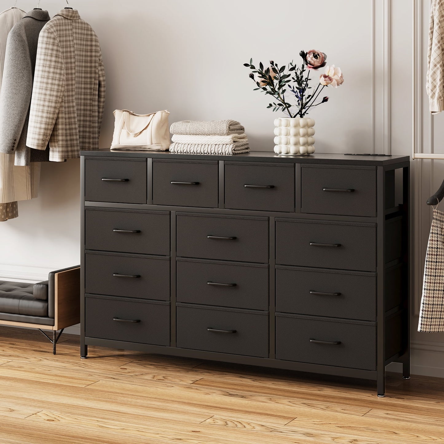 Casacomoda Dresser with Charging Station, 55-Inch Long Dressers for Bedroom, Large Dressers TV Stand with 13 Storage Drawers, Fabric Dresser Chest of Drawers, Black