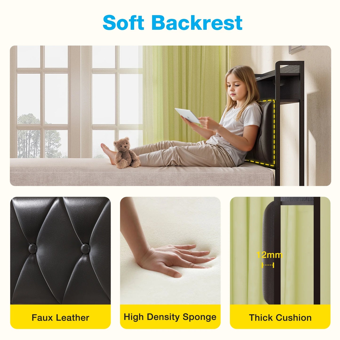 Bed Frame Twin Size with Storage Headboard and Drawer for Kids, Upholstered Platform Bed with Charging Station and LED Light, Heavy Duty Frame Support, No Box Spring Needed, Noise Free, Black