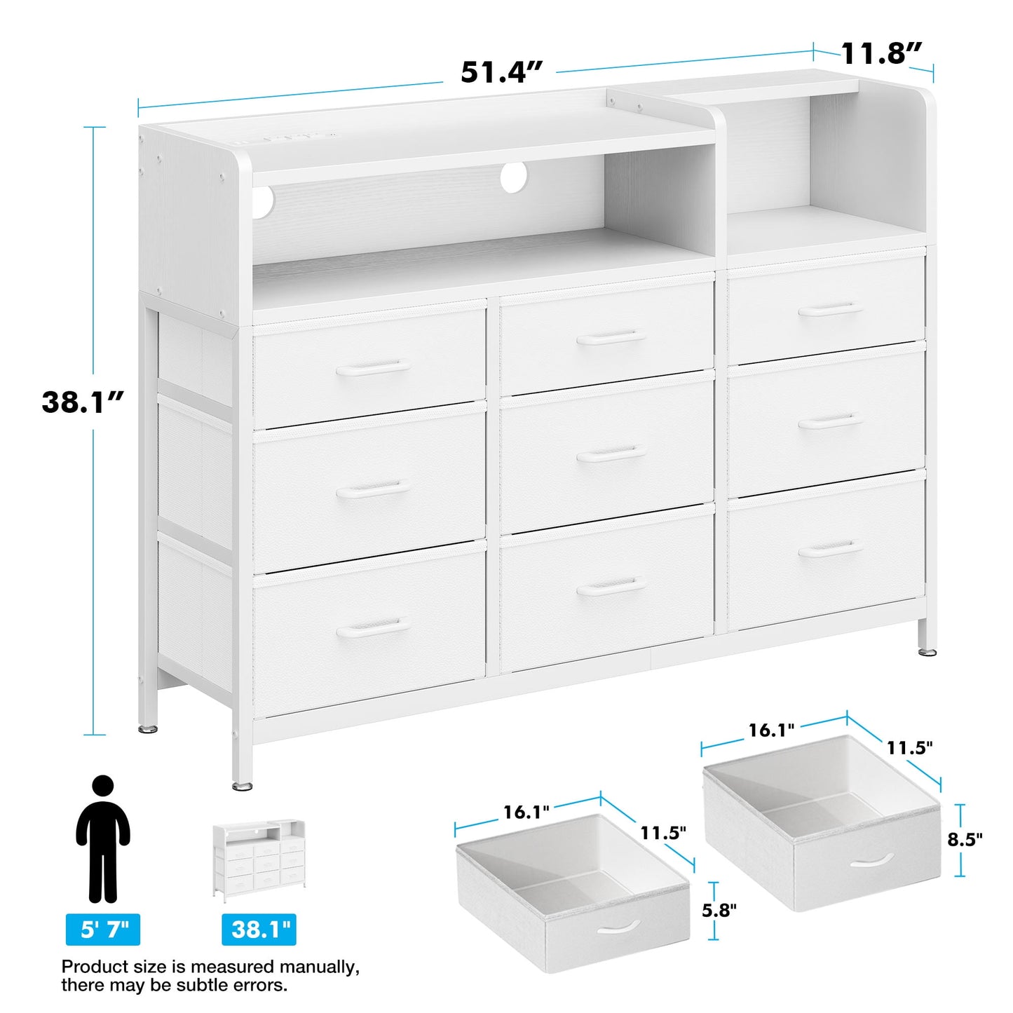 Dresser with LED Lights and Charging Station, 52-Inch Long Dresser for Bedoom with 9 Large Storage Drawers, Fabric Dresser TV Stand with Open Shelves, White