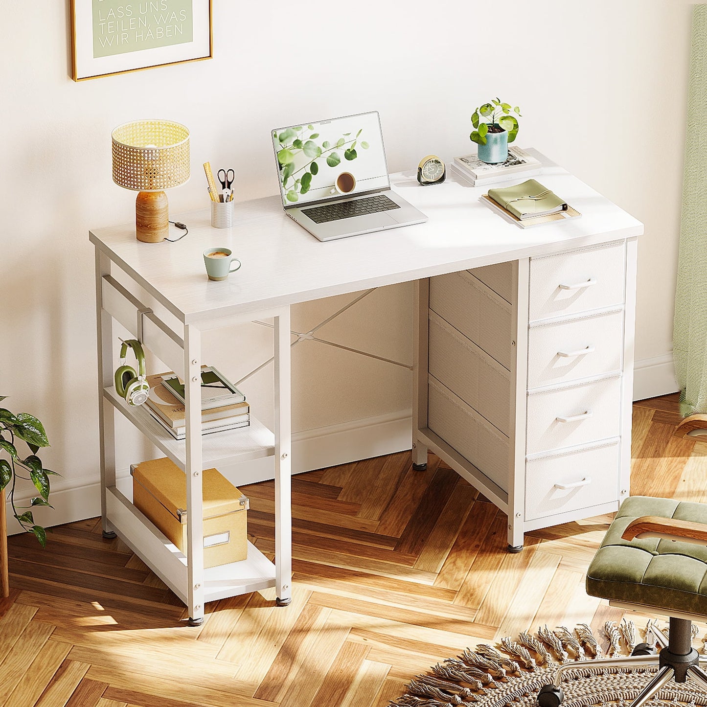 White Computer Desk with Drawers & Storage Shelves, 40 Inch Corner Desk for Home Office Bedroom, Small Teen PC Desks with Fabric Drawer, White
