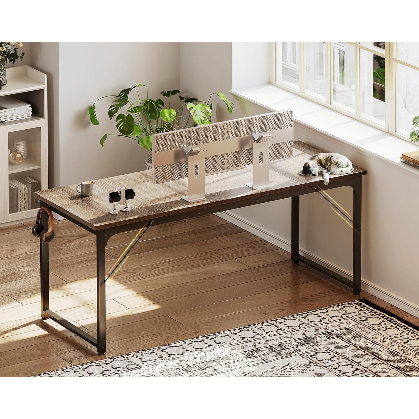 Sofanext Computer Desk 63 Inch, Study Writing Table for Large Spaces, Work Desk for Home Office, Simple Modern Desk with Headphone Hooks, Grey Oak