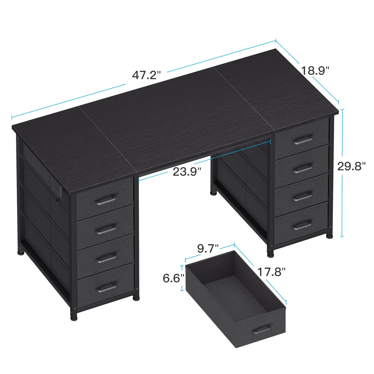 Black Computer Desk with Drawers for Storage - 48 inch Home Office Desk with 8 Fabric Drawers, Writing Study Desk with Drawers on Both Sides for Bedroom