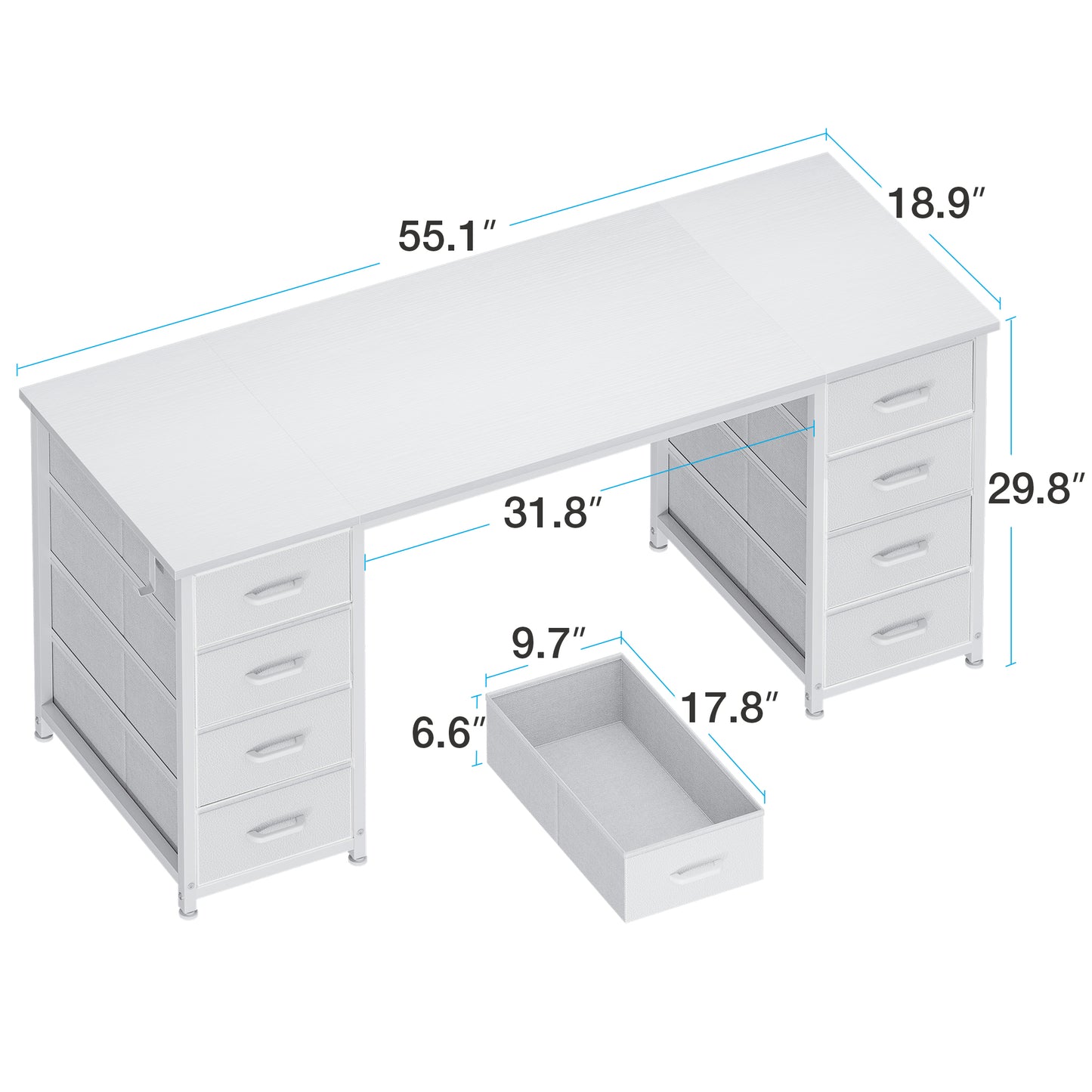 White Computer Desk with Drawers for Storage - 55 inch Home Office Desk with 8 Fabric Drawers, Writing Study Desk with Drawers on Both Sides for Bedroom