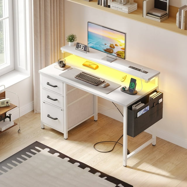 40 inch Computer Desk with Power Outlets & LED Lights, Home Office Desk with 3 Drawers & Adjustable Monitor Shelf, Writing Desk with Storage Bag, White