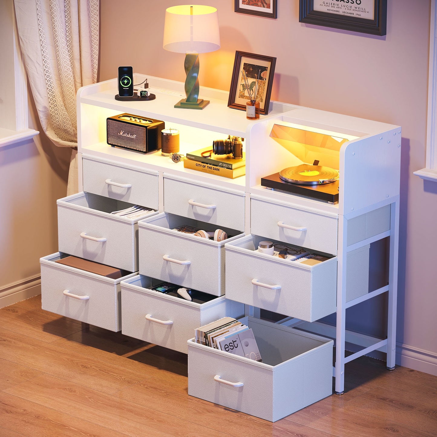 Dresser with LED Lights and Charging Station, 52-Inch Long Dresser for Bedoom with 9 Large Storage Drawers, Fabric Dresser TV Stand with Open Shelves, White
