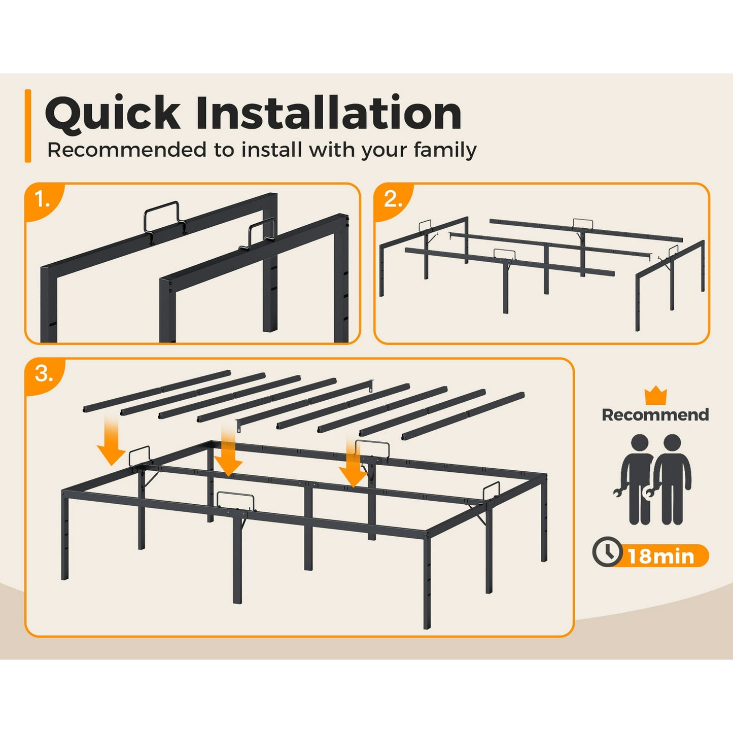 Sofanext 18 inch Metal Bed Frame Queen Size, Heavy Duty Steel Platform Bed Frame with Storage Space, No Box Spring Needed, Noise Free, Black