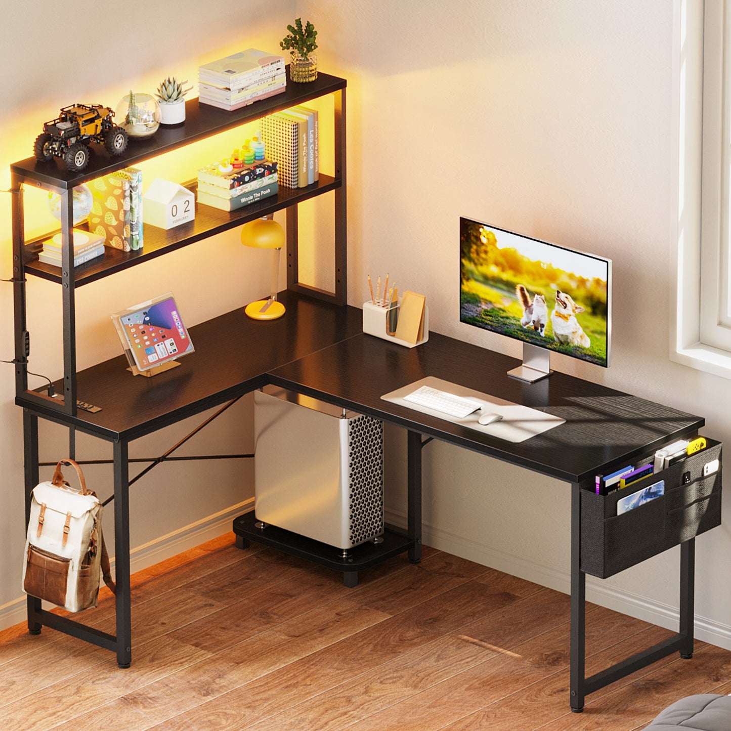43 Inch L-Shaped Office Desk with Power Outlets, Gaming Desk with LED Lights for Home Office, Corner Computer Desk with Hutch, Black
