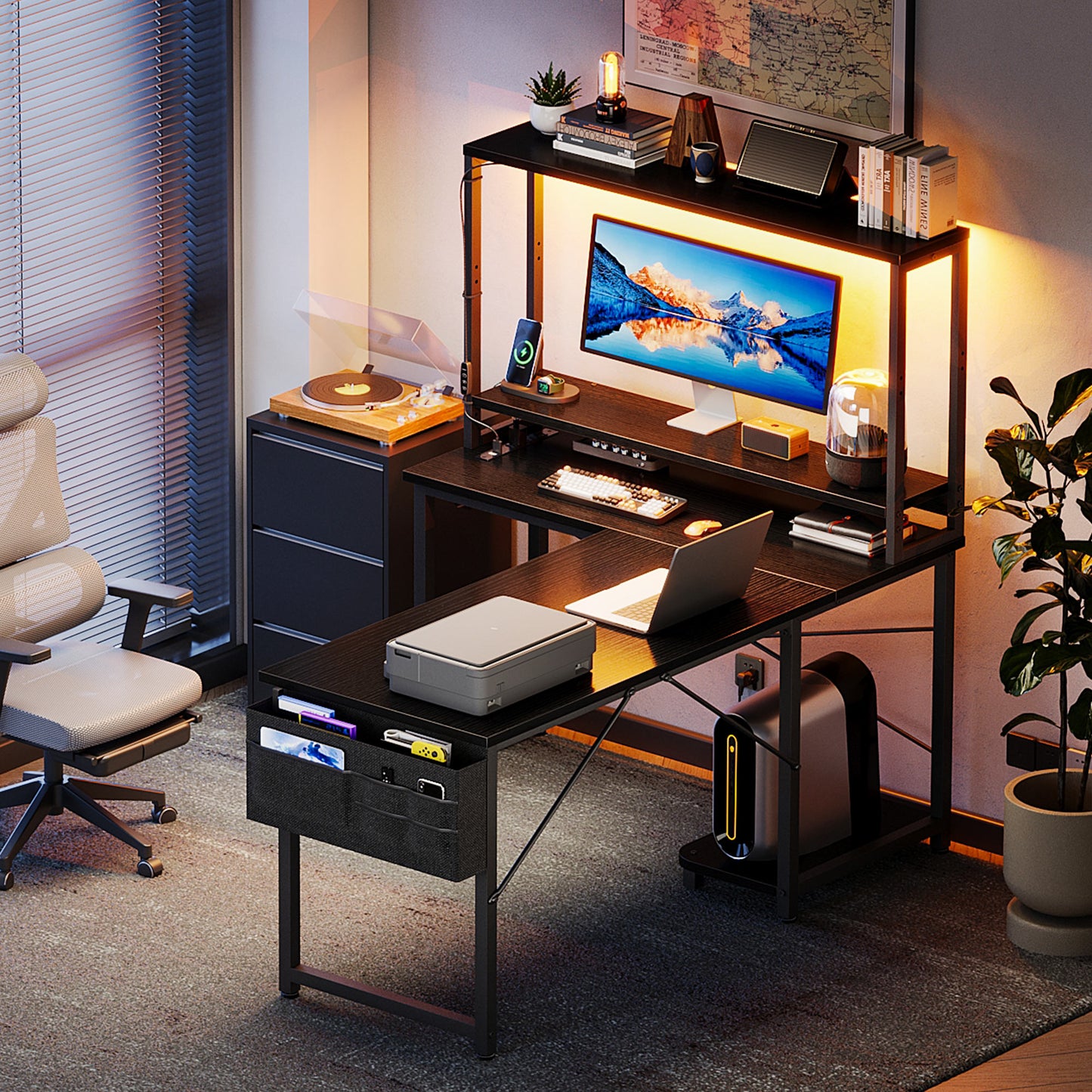43 Inch L-Shaped Office Desk with Power Outlets, Gaming Desk with LED Lights for Home Office, Corner Computer Desk with Hutch, Black