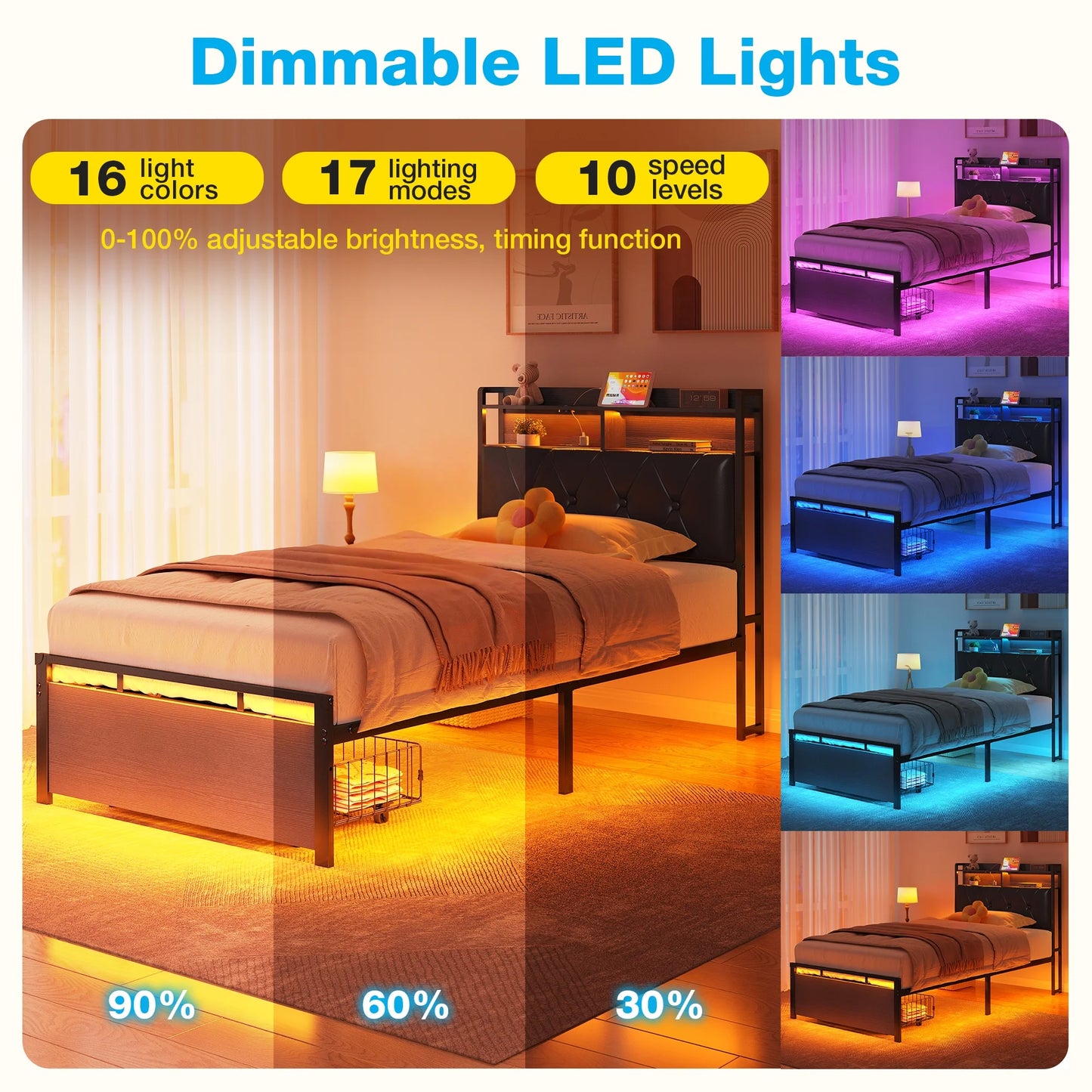 Bed Frame Twin Size with Storage Headboard and Drawer for Kids, Upholstered Platform Bed with Charging Station and LED Light, Heavy Duty Frame Support, No Box Spring Needed, Noise Free, Black