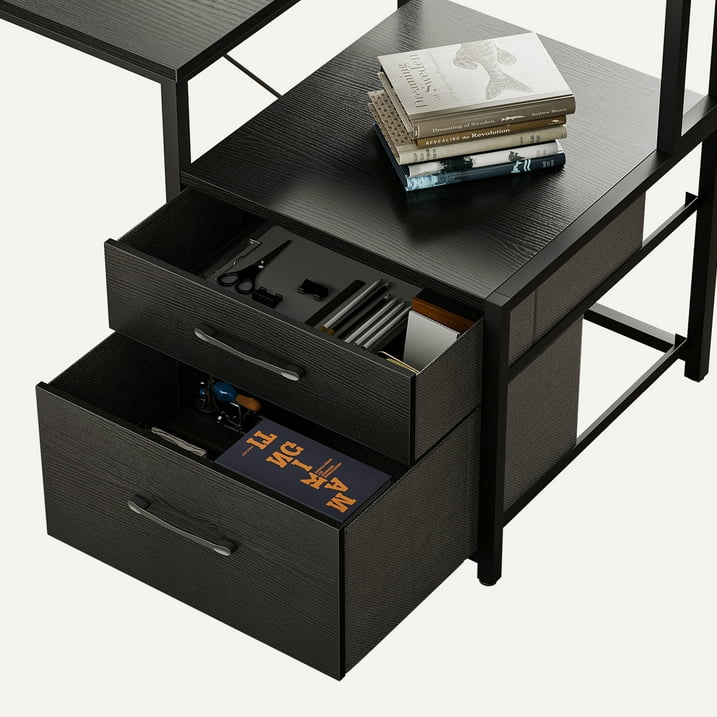 66" Reversible L Shaped Desk with File Drawer & Power Outlet, Modern Computer Desk with LED Strip, Home Office Desk with Storage Shelves, Gaming Desk with Monitor Shelf, Corner Desk, Black