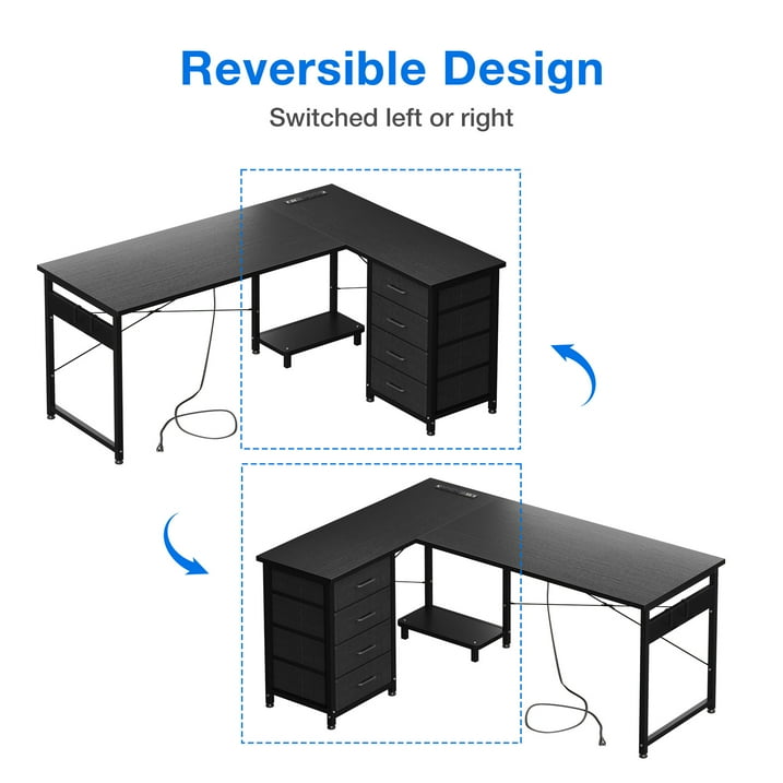 L Shaped Computer Desk with Charging Station , 53 inch PC Table Study Desk 4 Tier Drawers, Modern Simple Style Laptop Desk for Bedroom, Gaming