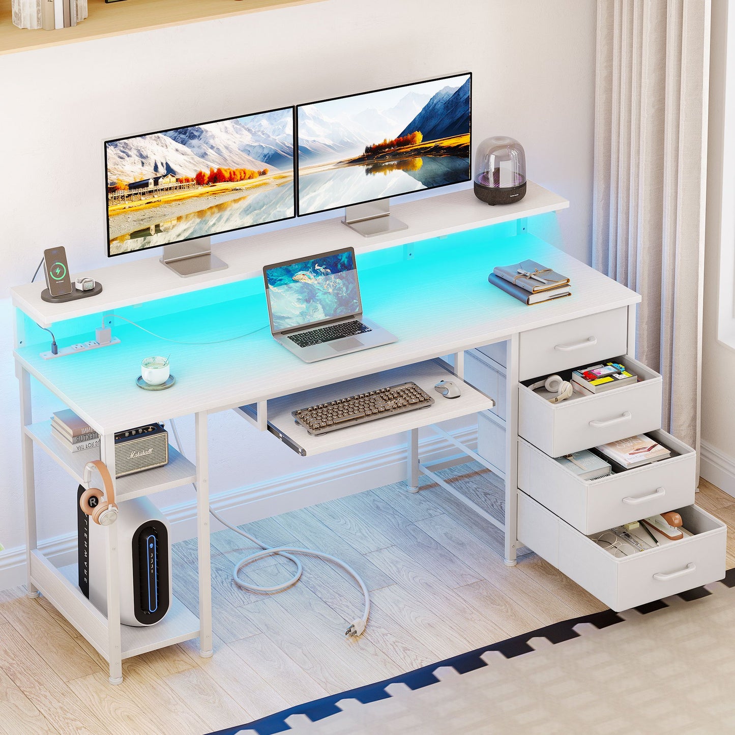 55 Inch Office Desk with Power Outlet and Adjustable Monitor Stand, Computer Desk with Fabric Drawer and Keyboard Tray, Gaming Desk with LED Light & PC Stand, Table for Bedroom with USB Ports, White