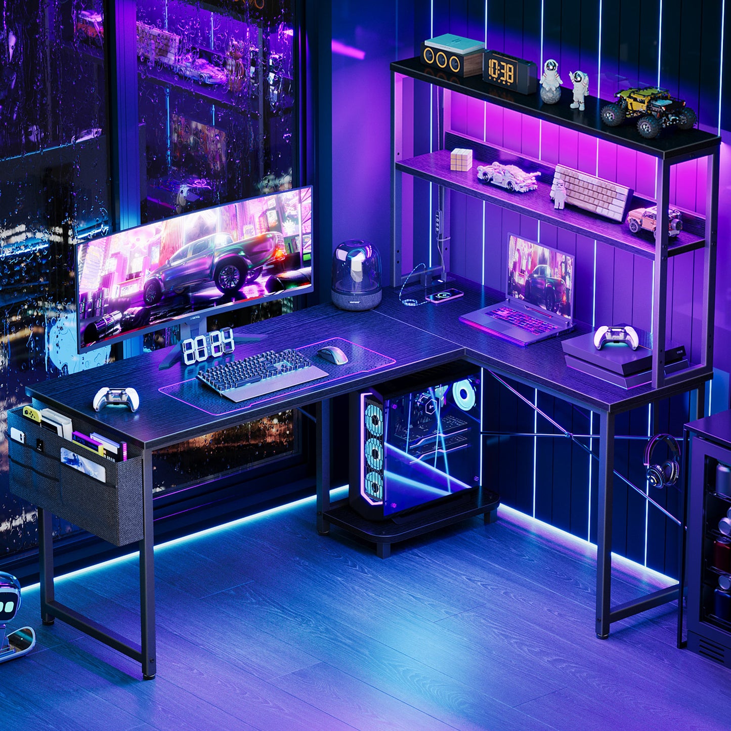 53 Inch L-Shaped Office Desk with Power Outlets, Gaming Desk with LED Lights for Home Office, Corner Computer Desk with Hutch, Black