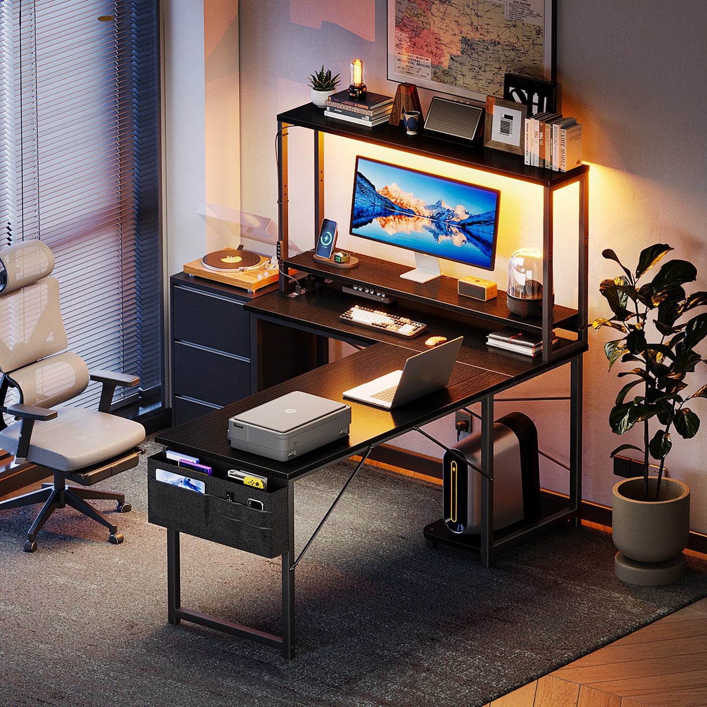 53 Inch L-Shaped Office Desk with Power Outlets, Gaming Desk with LED Lights for Home Office, Corner Computer Desk with Hutch, Black