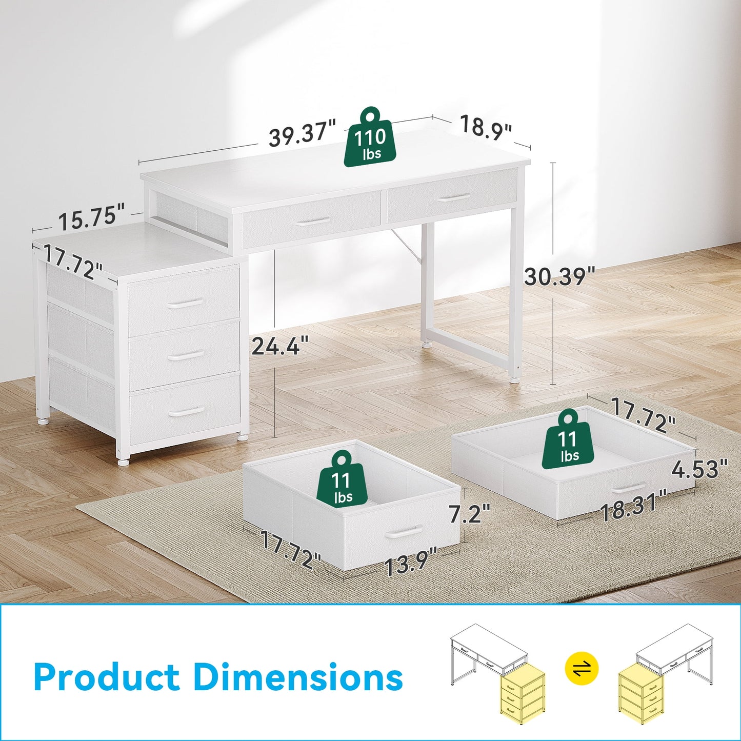 Sofanext Computer Desk with 5 Drawers, Reversible Sturdy Office Desk with Printer Stands, Study Writing Table, Home Office Desks with Storage for Small Spaces, White