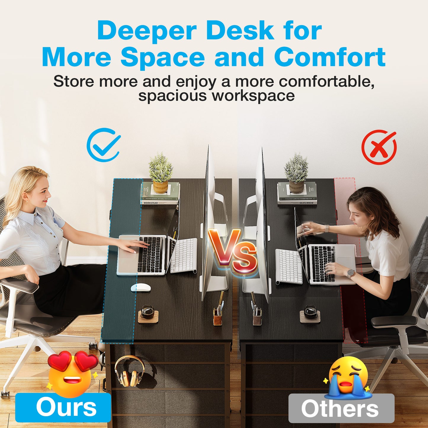 Black Computer Desk with Drawers for Storage - 48 inch Home Office Desk with 8 Fabric Drawers, Writing Study Desk with Drawers on Both Sides for Bedroom