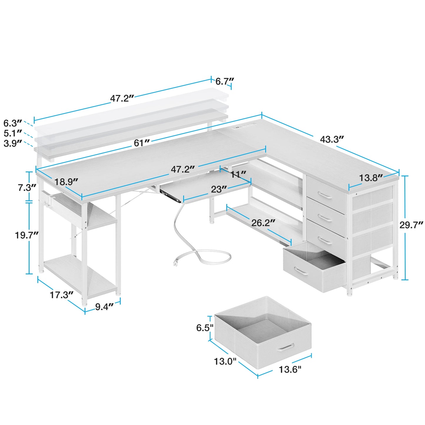 L-Shaped Computer Desk with Power Outlets, Adjustable Monitor Shelf, Storage Drawers, Keyboard Tray & LED Lights, Reversible Gaming Desk for Home Office, Pure White